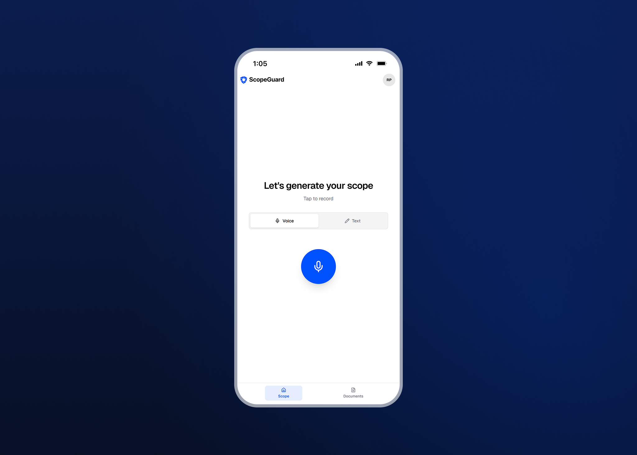 ScopeGuard voice capture home screen