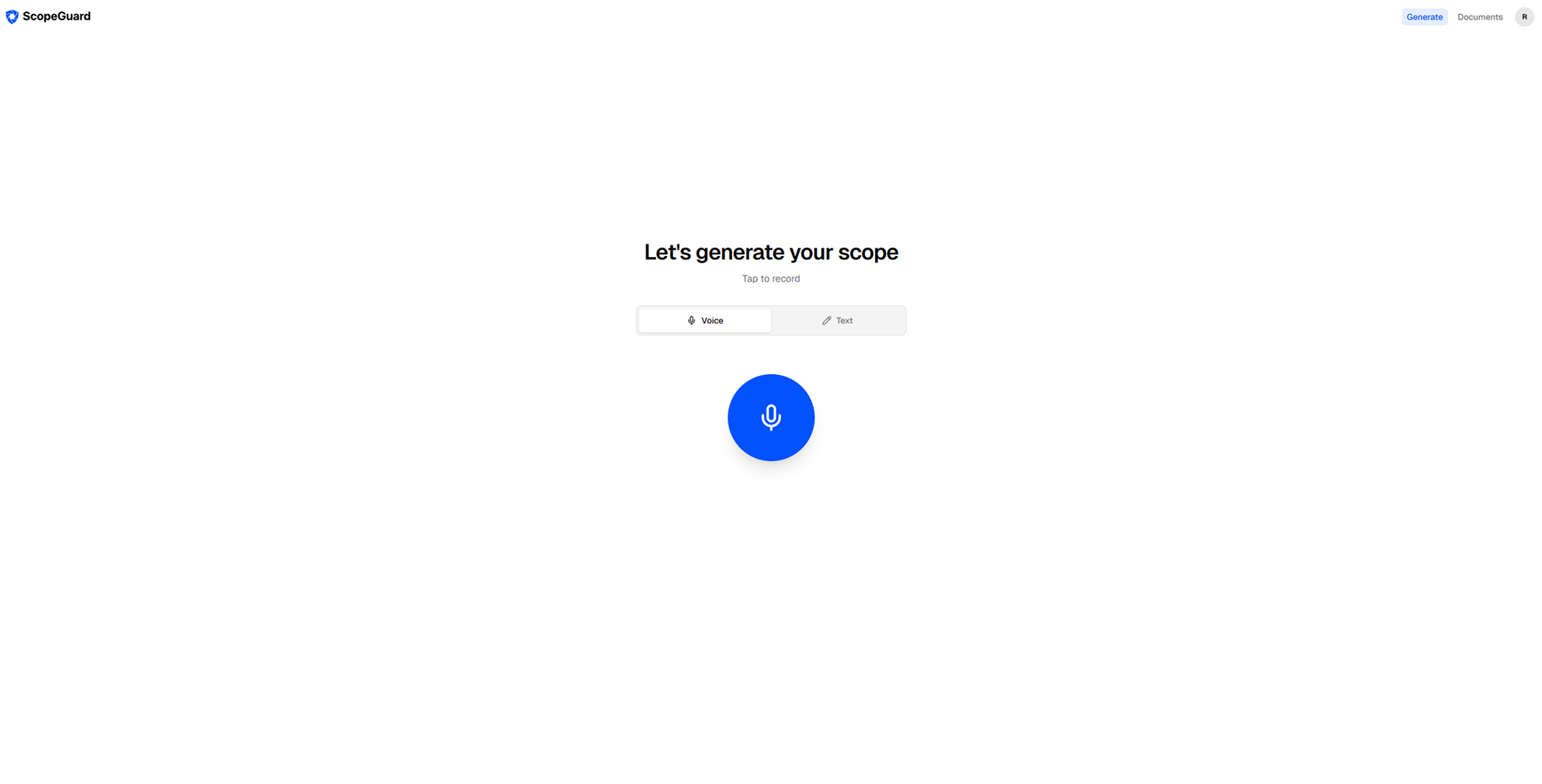 ScopeGuard demo screen showing voice-first scope capture