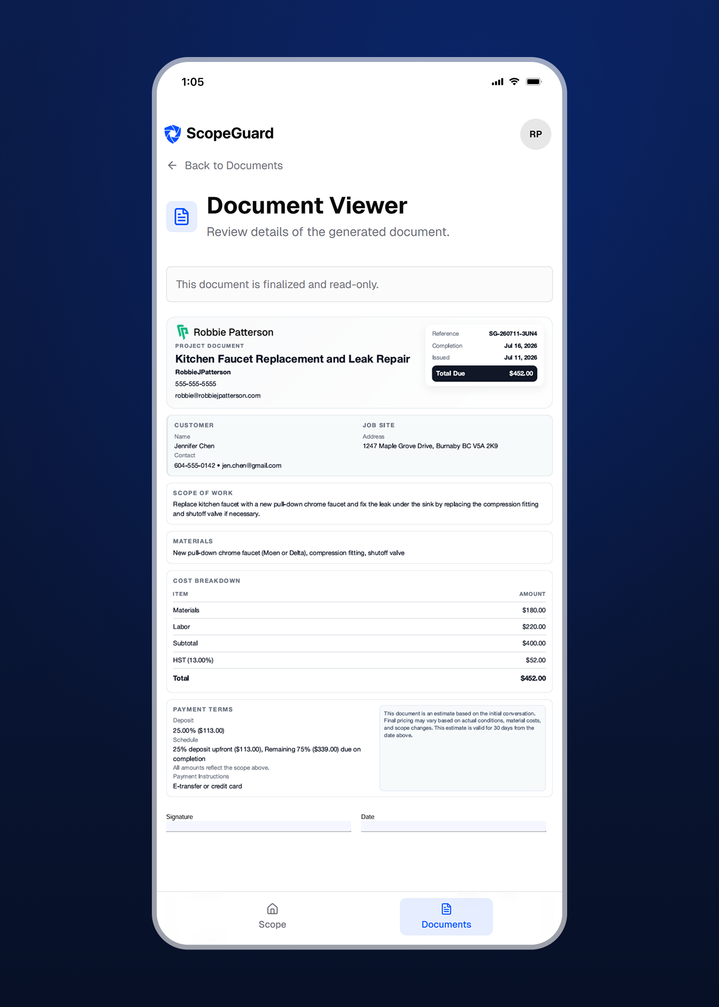 ScopeGuard generated contract screen