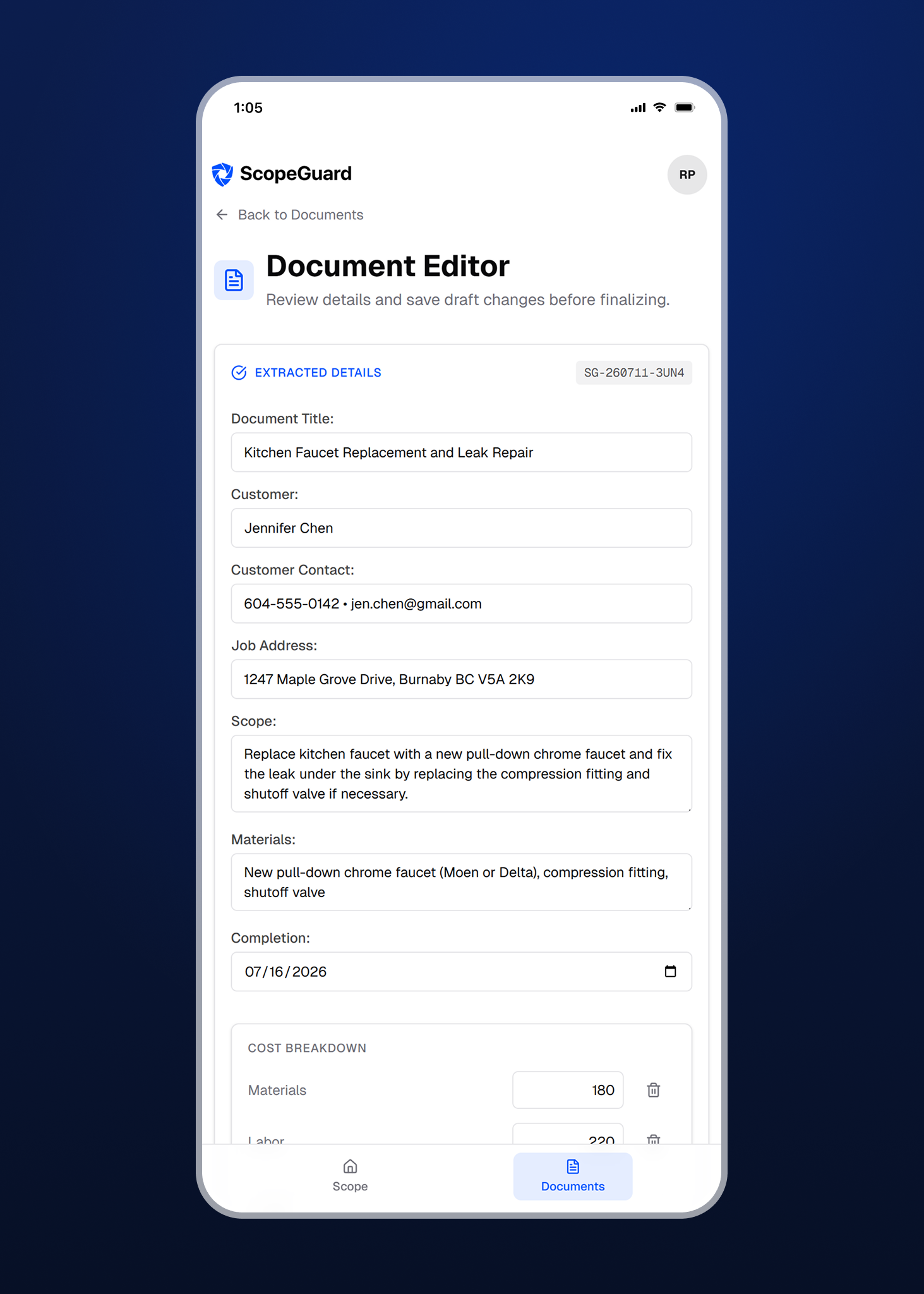 Editing a generated contract in ScopeGuard