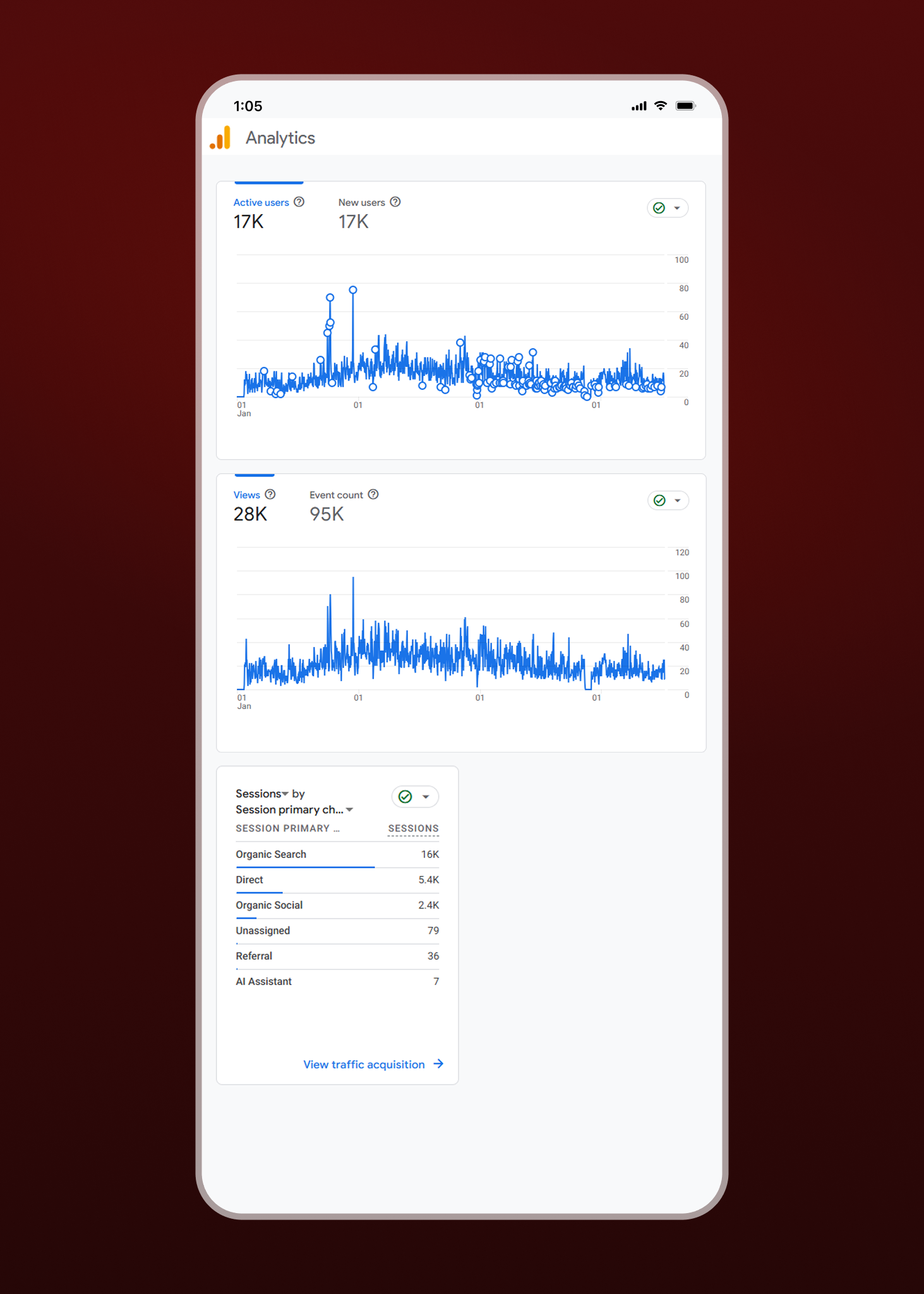 Google Analytics showing organic search leading the gym's traffic
