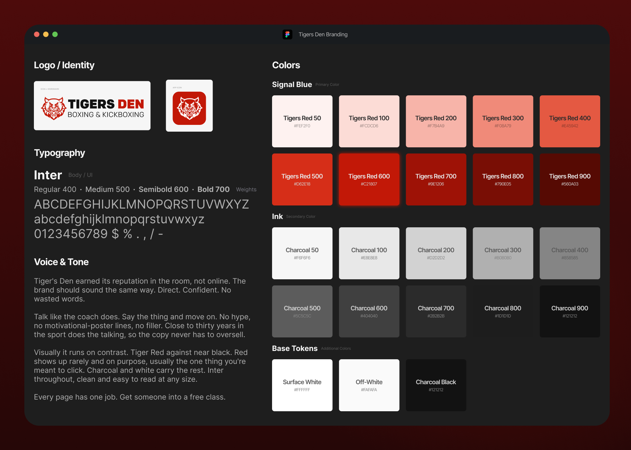 Tiger's Den brand board: tiger mark, logo lockup, color, and type